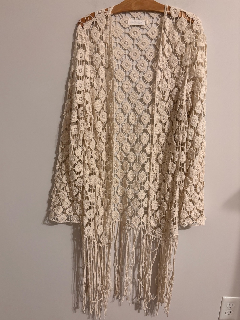 Rebellion Again cream-colored crochet lace open-front duster cardigan